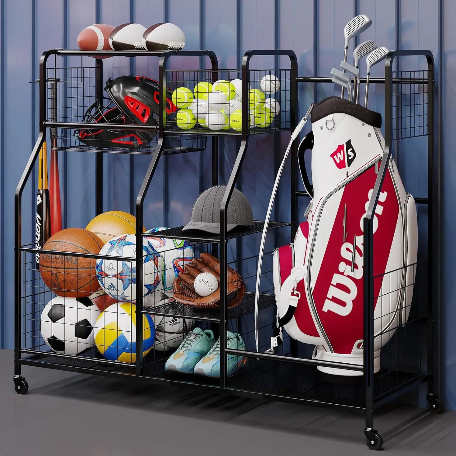 

Golf Rack Club Bag Storage Cart Fitness Equipment Storage Rack Movable Sports