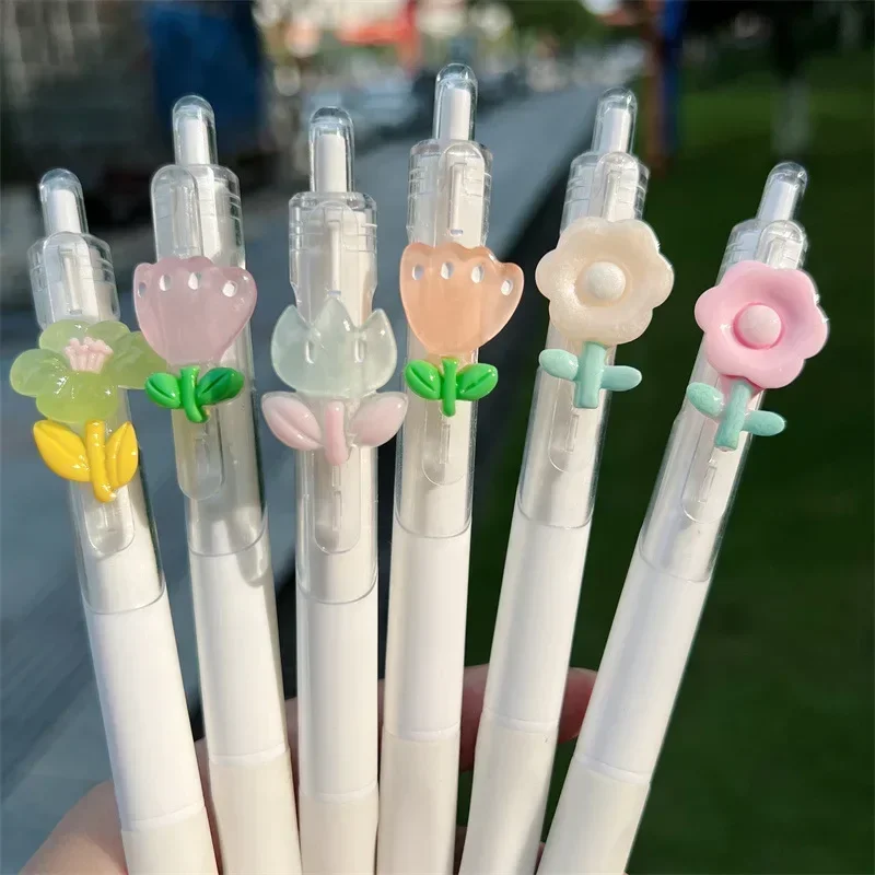 1/2pcs Kawaii Flower Gel Pens Quick-Drying Black Ink Office Accessories School Stationery Supplies Aesthetic Ballpoint Cute Pen