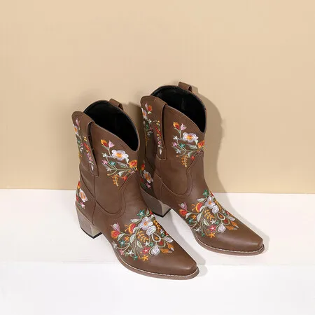 Retro Printed Booties Leather Women Ankle Boots Embroidery High Heels Casual Woman Shoe Zipper Vintage Female Footwear Boot 37