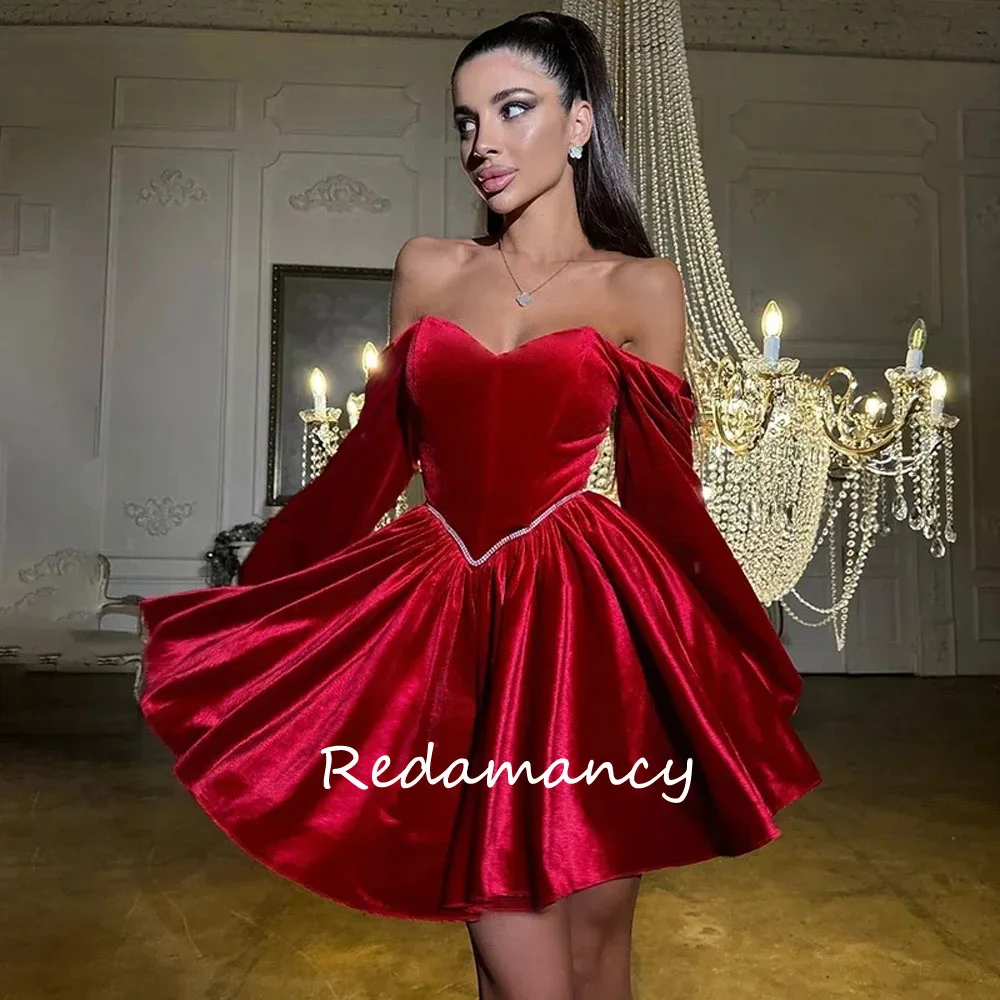 

Redamancy Customized Women Velvet Party Dress Elegant Diamonds Long Sleeves Prom Dresses Lace Up A-line Mini Vestidos Para Mujer