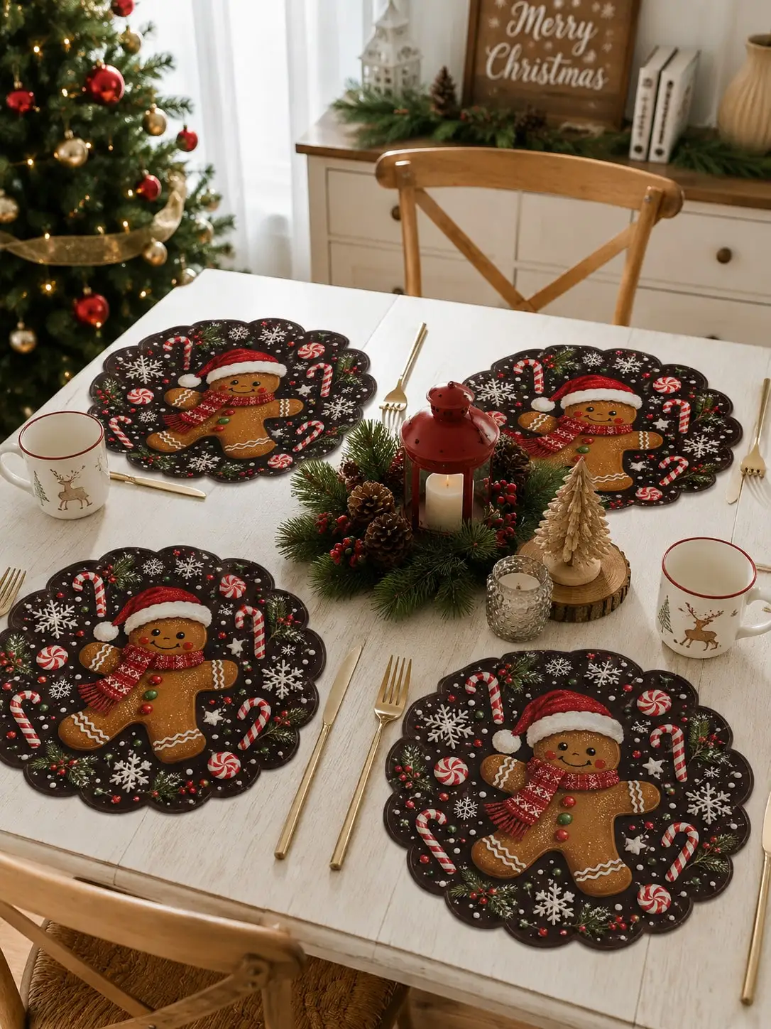Red Poinsettia Christmas Placemat, White Christmas Flower, Holly Leaf, Berry And Gold Bell Wreath Print Table Mat, Suitable For Christmas Dinner, Family Gathering, Table Setting And Holiday Home Decor