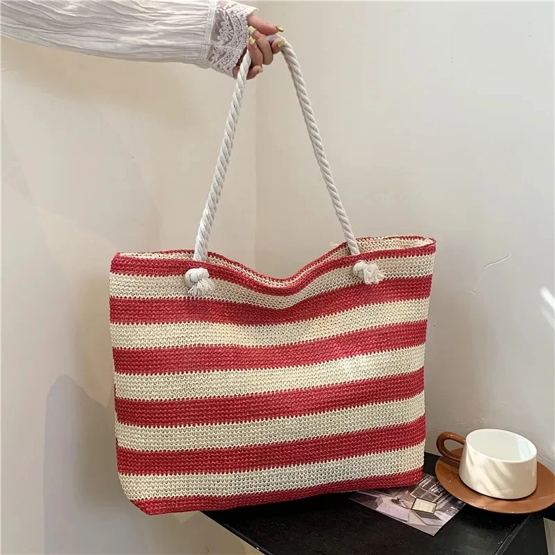 Ladies Summer Daily Bag Straw Shoulder Bag Trendy Color Contrast Beach Handbag Women Large Capacity Simple Shoulder Bag