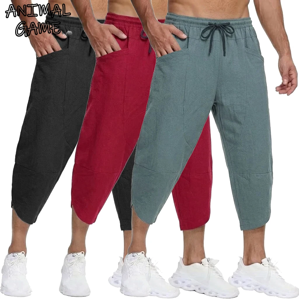 Korean Linen Mens Short Men's Work Pants Summer Gym Multiple Pockets Shorts for Men Lightweight Baggy Pant Outdoor Hiking Pants