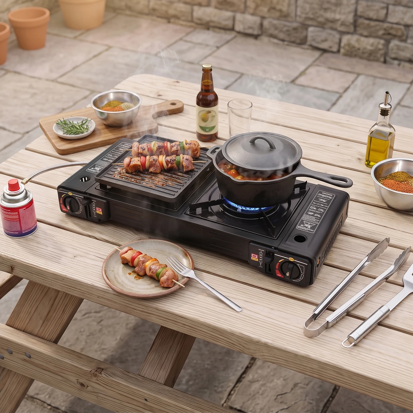 Image of 2-Brenner Tragbarer Campingkocher mit Backblech & Tragetasche, Outdoor-Gaskocher für Picknick, Wohnmobil und Tailgating