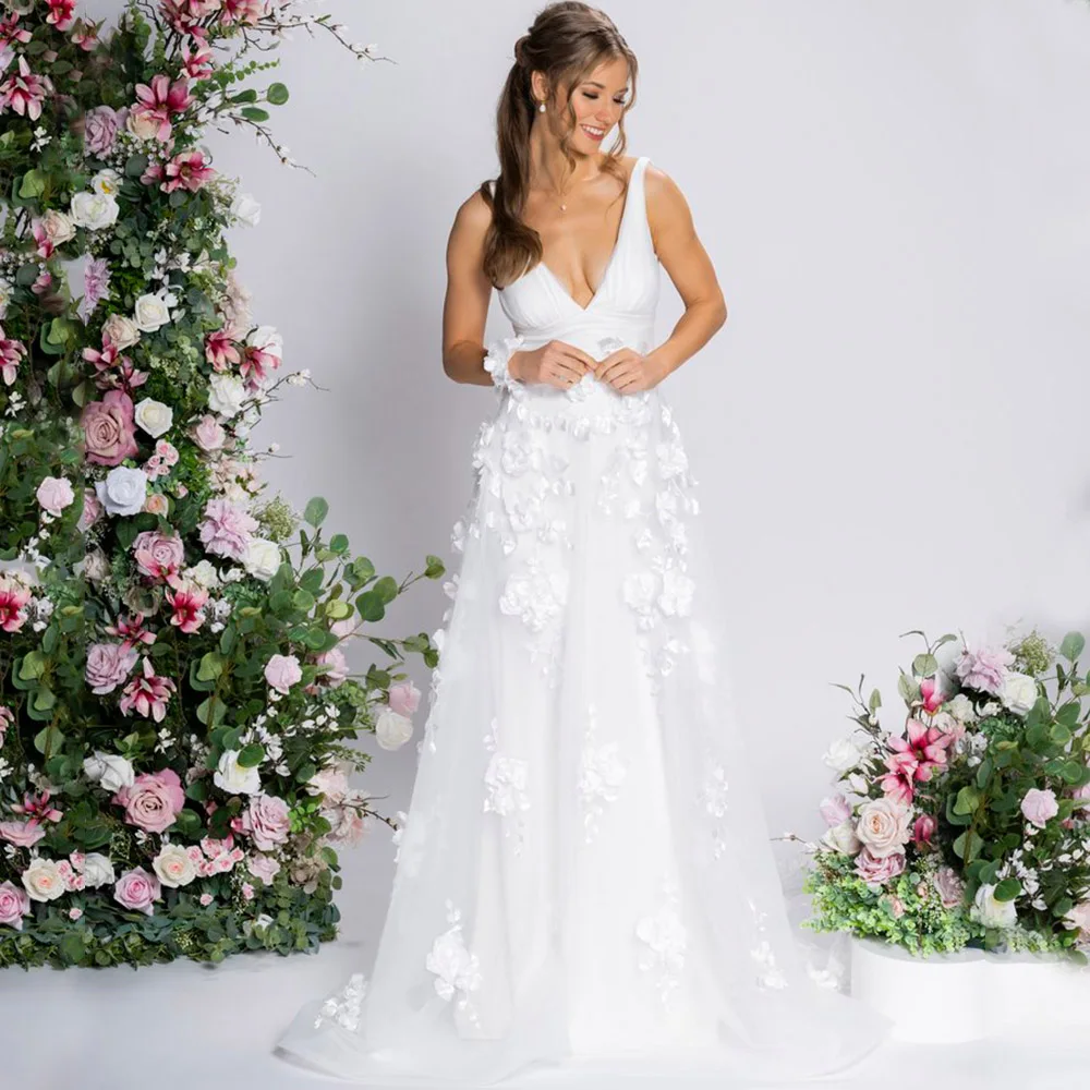 

Exquisite 3D Flowers Wedding Dress Deep V-Neck Sleeveless A-Line Floor Length with Pleat Bridal Open Back Sweep Train Gowns