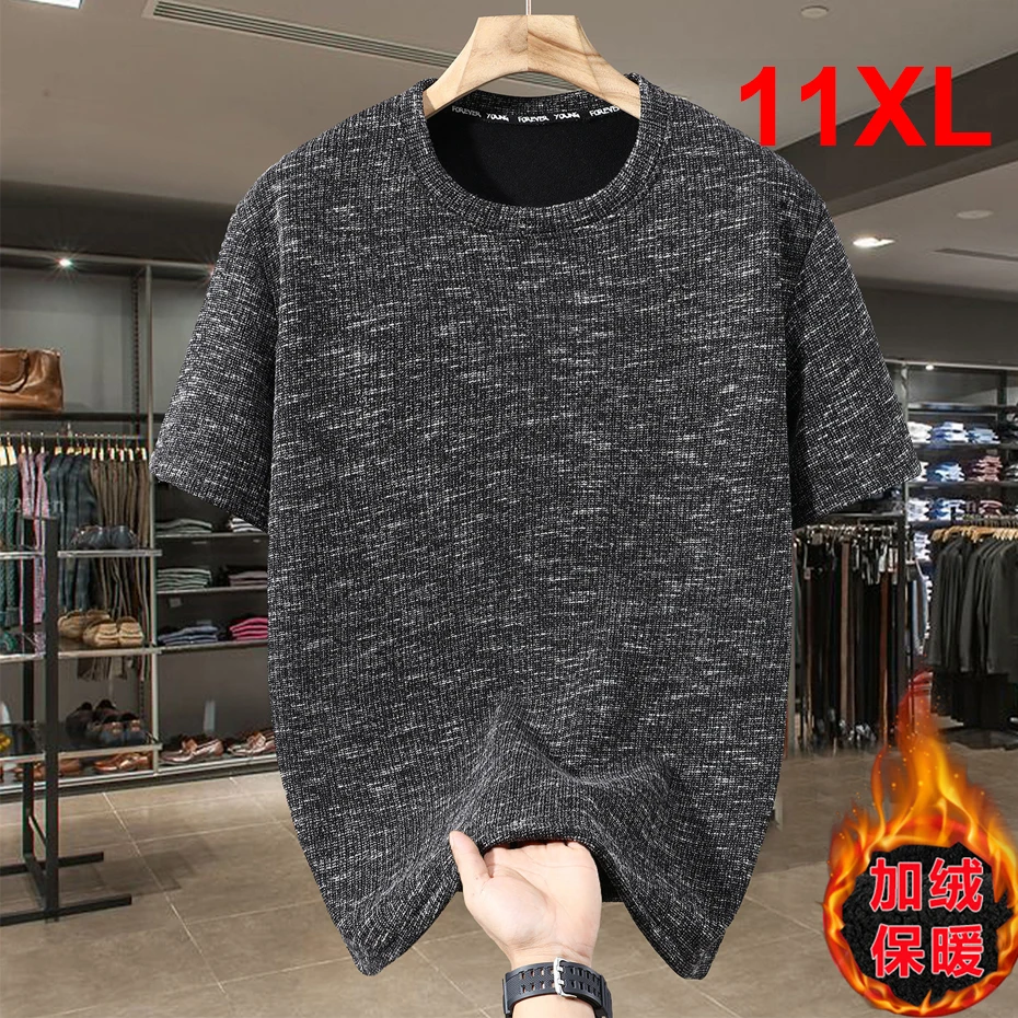 

Autumn Winter Fleece T-shirt Men 10XL 11XL Plus Size Short Sleeve T-shirts Fashion Casual Knitted T-shirt Male