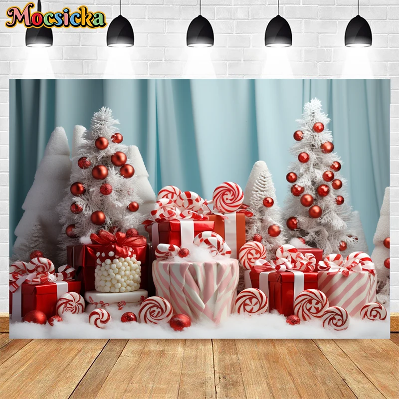 Mocsicka Winter Xmas Backdrop Snowy Christmas Tree Candy Decor Children Portrait Birthday Party Studio Photography Background