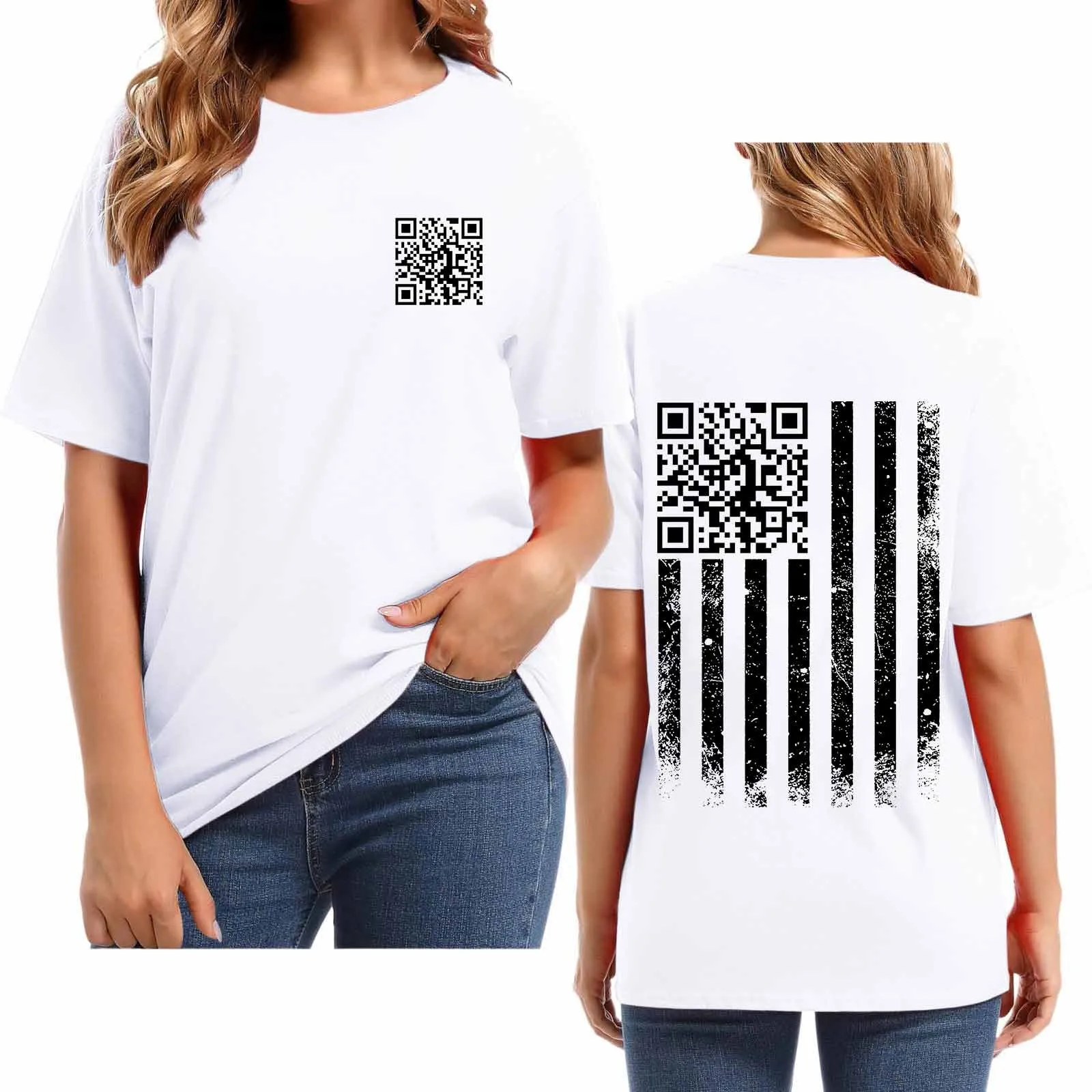 2025 New QR Code Printed T-Shirt Oversized QR Code Pattern On The Back Tees Fashion Trend Printed Top Casual All Match Tops