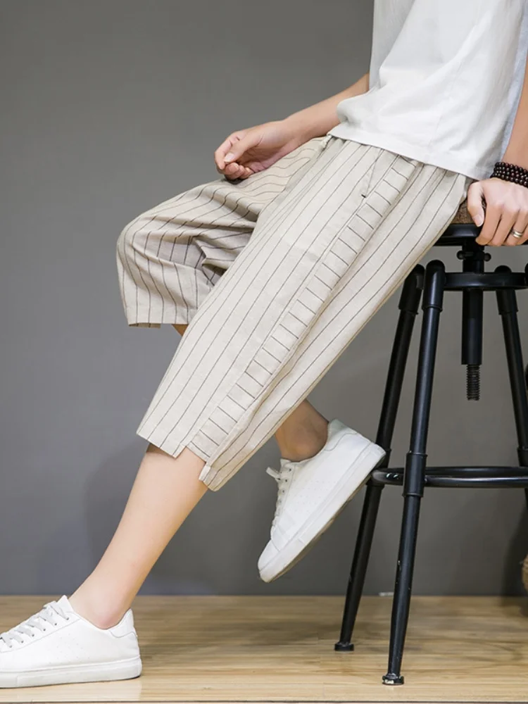 

Linen Cotton Casual orts Men's Summer Thin Stripe Loose Large Size Straight Tube Seven-Quarter Length Breathable Comfortable