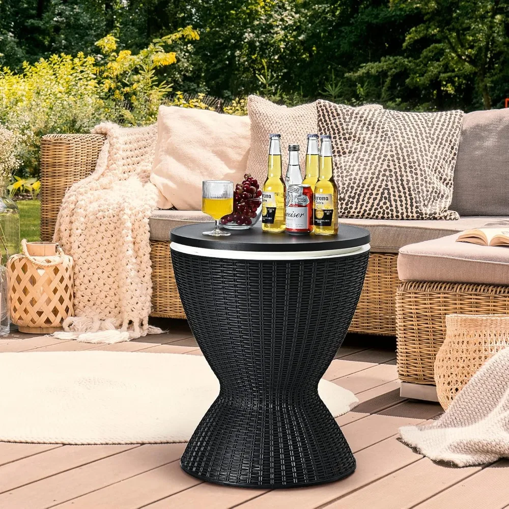 Cool Bar Table, 8 Gallon Beer and Wine Cooler, Rattan Style Outdoor Cocktail Patio Bar Tables, Height Adjustable, 3-in-1 Ice