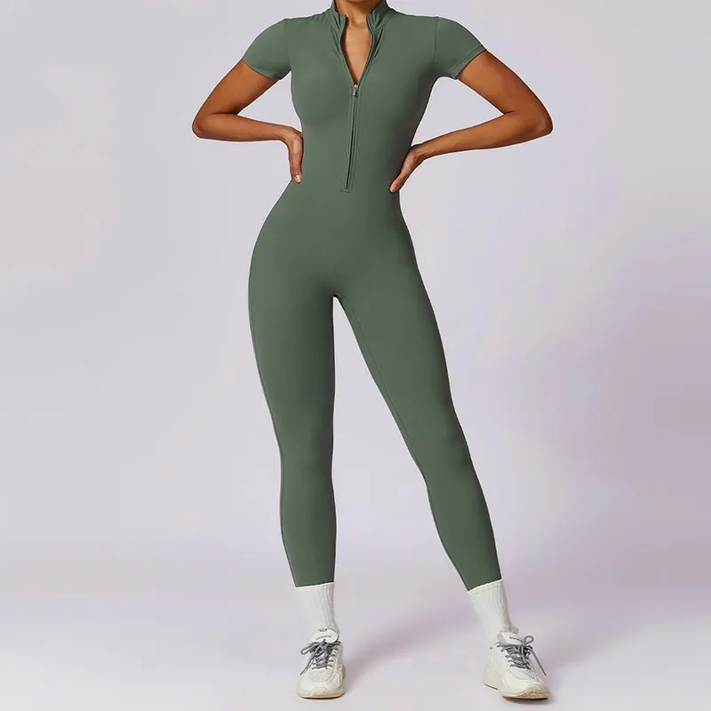 Summer Short Sleeved Zippering One-Piece Yoga Suit Dance Fitness Workout Set Stretch Bodysuit Gym Clothes Push Up Sportswear