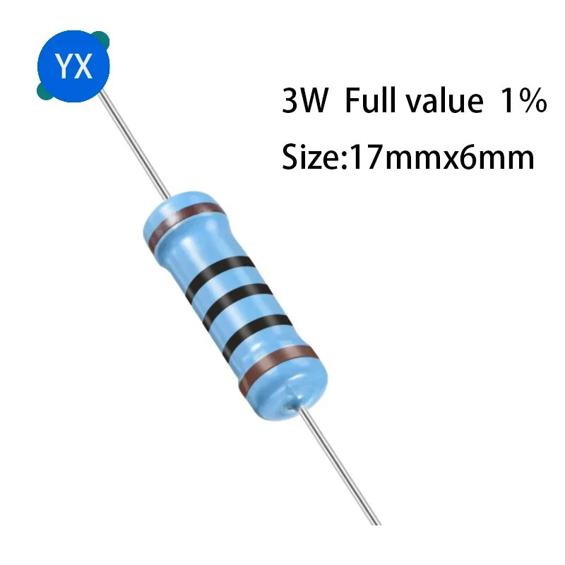 20PCS 3W Metal Film Resistor 1% Five-color Ring Power Resistor 0.1R~1M 3.3 4.7R 10R 100R 220R 470R 1K 2.2K 10K 22K 4.7K 100K Ohm