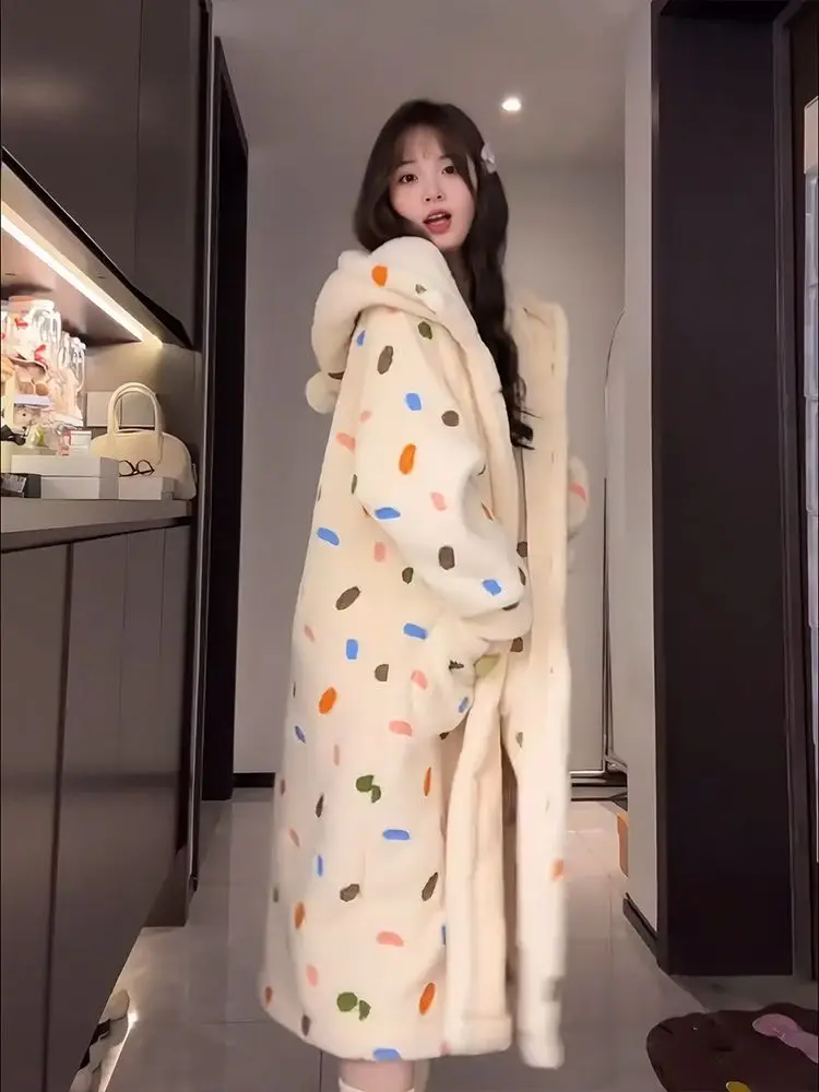 

Cute Polka Dot Coral Fleece Women Cardigan Winter Style 2026 Warm And Thick Plush Robe Loungewear Nightgown