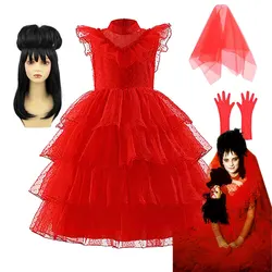 Kid Deluxe Gothic Red Party Ball Gown Lydia Deetz Costume Play Girls Lace Party Frock con guanti Betelgeuse Beetlejuicy Diguise