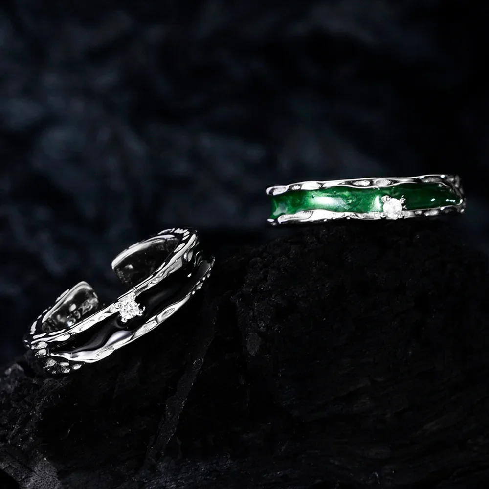 Ables Chic Green Enamel Strip Irregular Texture Solid 925 Silver Ring Party Open Band Rings R1262