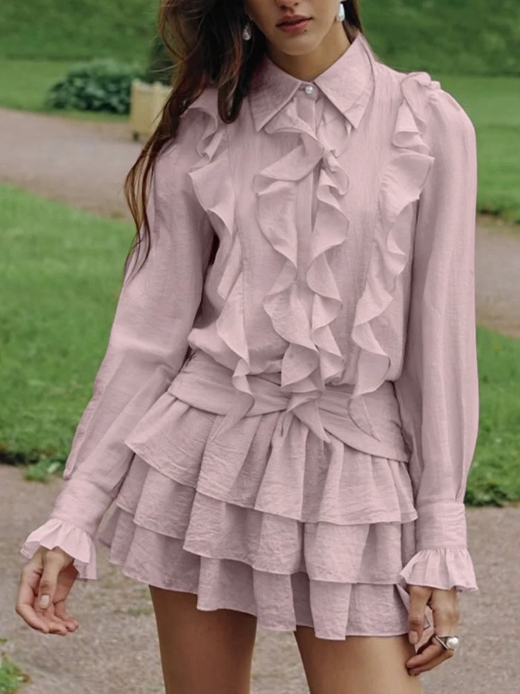 KUCLUT Modische weiße Reverskleider für Damen, elegante, langärmlige, gerüschte, einreihige Kleider, Sommer, neues plissiertes Minikleid