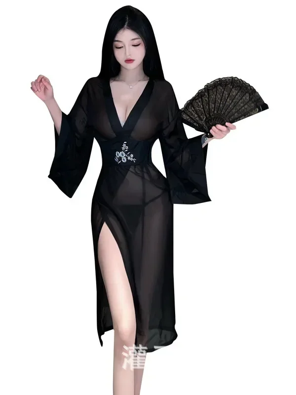 ตาข่าย Sheer Robe เซ็กซี่โปร่งใสสไตล์โบราณชุดยาวปัก Hanfu ชุดชุดฤดูใบไม้ร่วง Office Lady Tops