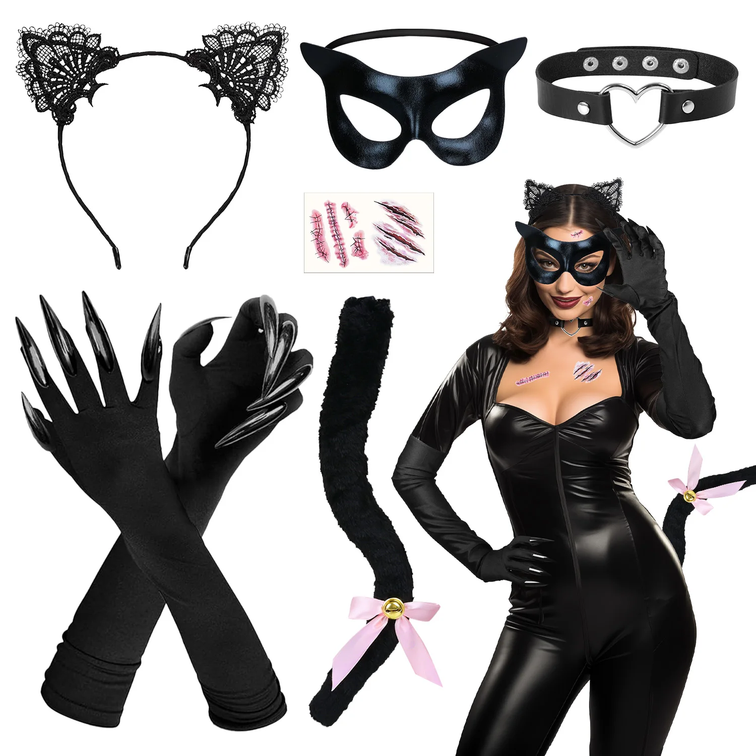 

Black Cat Costume for Women Cat Halloween Costumes for Girls - Cat Ears And Tail Gloves Cat Mask- Cat Woman Outfit Adult