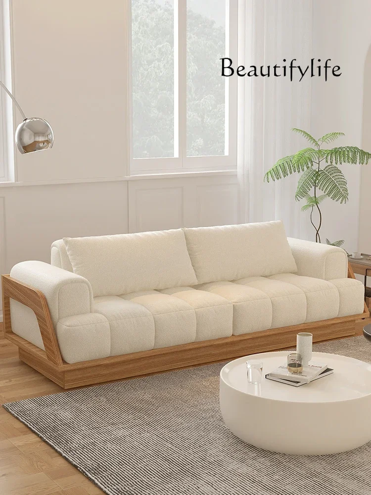 Cream Style Nordic Solid Wood Sofa Fabric Lambswool Cotton Candy Three-Seat Living Room Modern Minimalist home decor