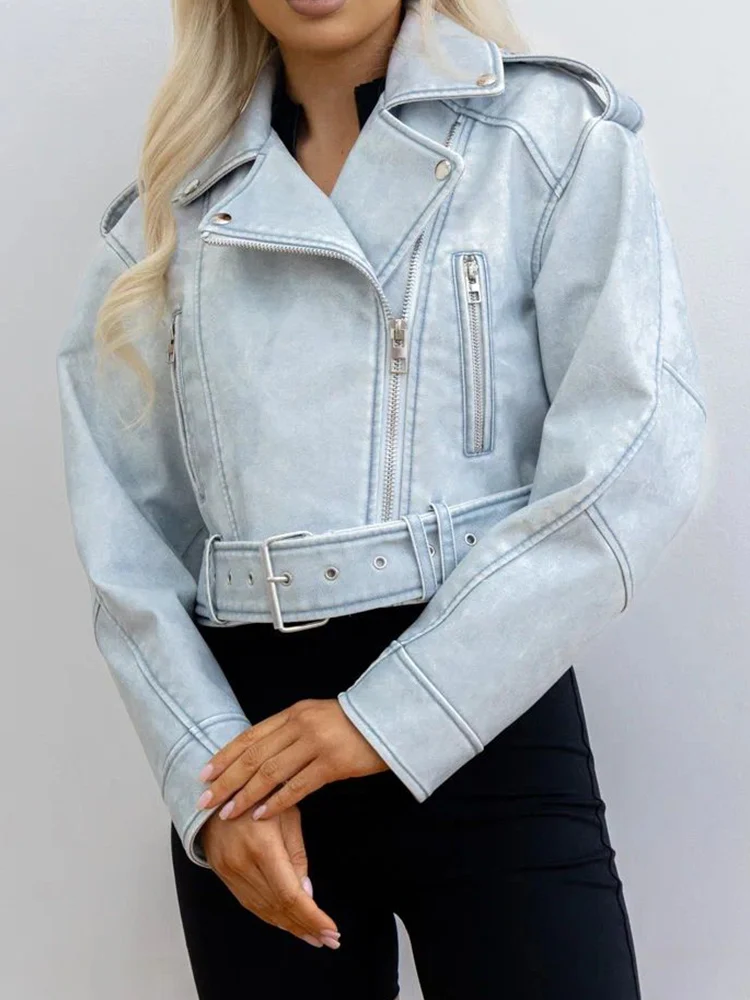 AilegKnitting-Veste en Faux Cuir Pu pour Femme, Streetwear Rétro, Manteau Court avec Ceinture à Fermeture Éclair, Vêtements d\'Extérieur Moto Biker,