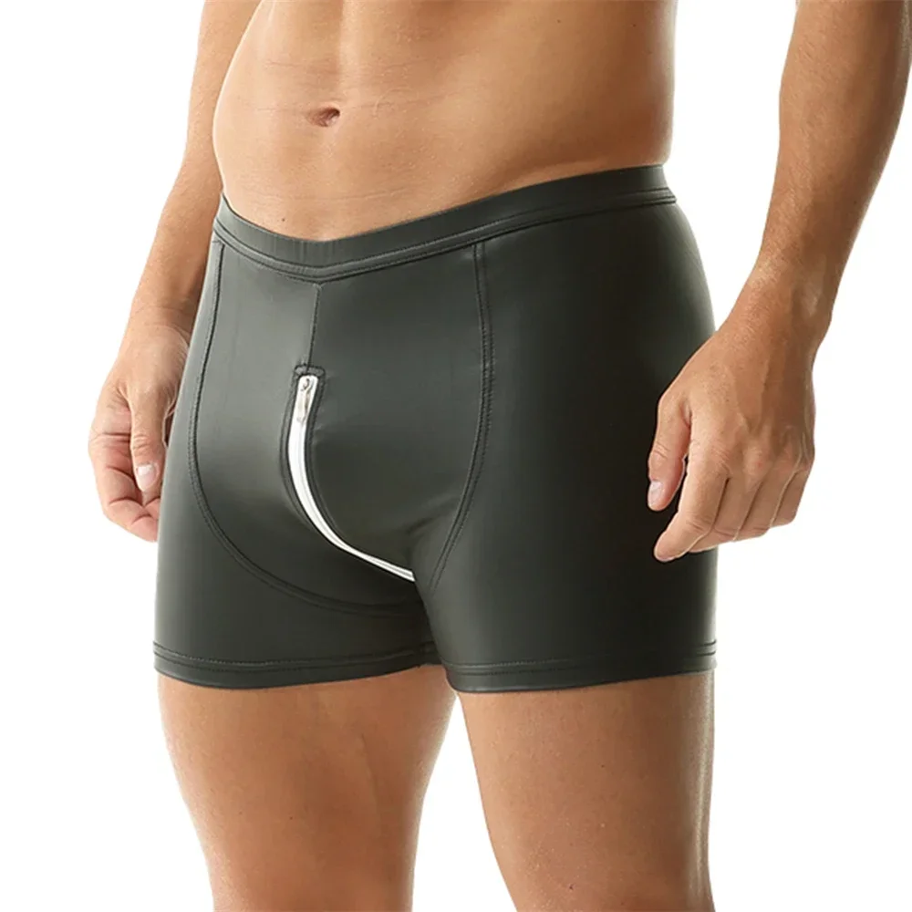 Sexy Mens Underwear Faux Leather Front/Back Zipper Boxers Underpants Male Comfortable High Quality Hot Sale Thin Fashion Briefs