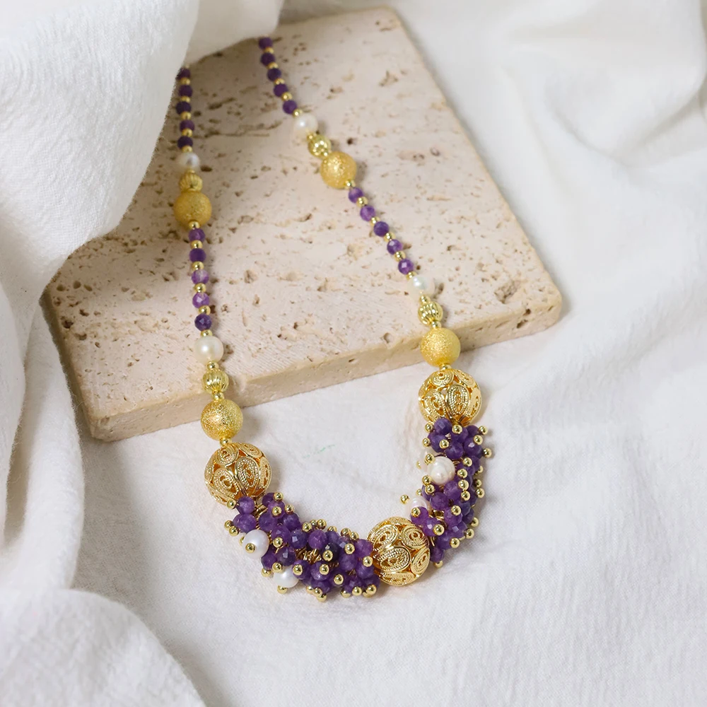 Natural Freshwater Pearl Amethyst Flower Cluster Necklace Korean Women's Luxury Jewelry Fashion Women's and Girls' Gifts GN0621 - Image 4