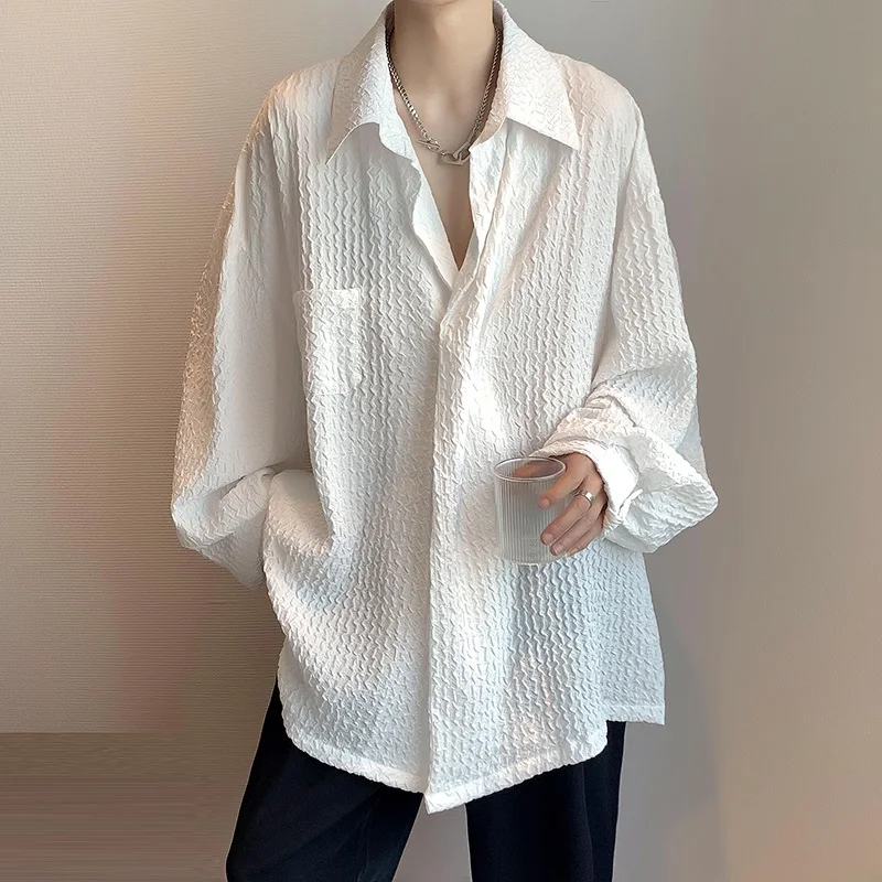 

Summer White Long Sleeve Men's Shirt Wrinkles Texture Sunscreen Outerwear Casual Fashionable Brand Loose Fit Youthful Pure Color