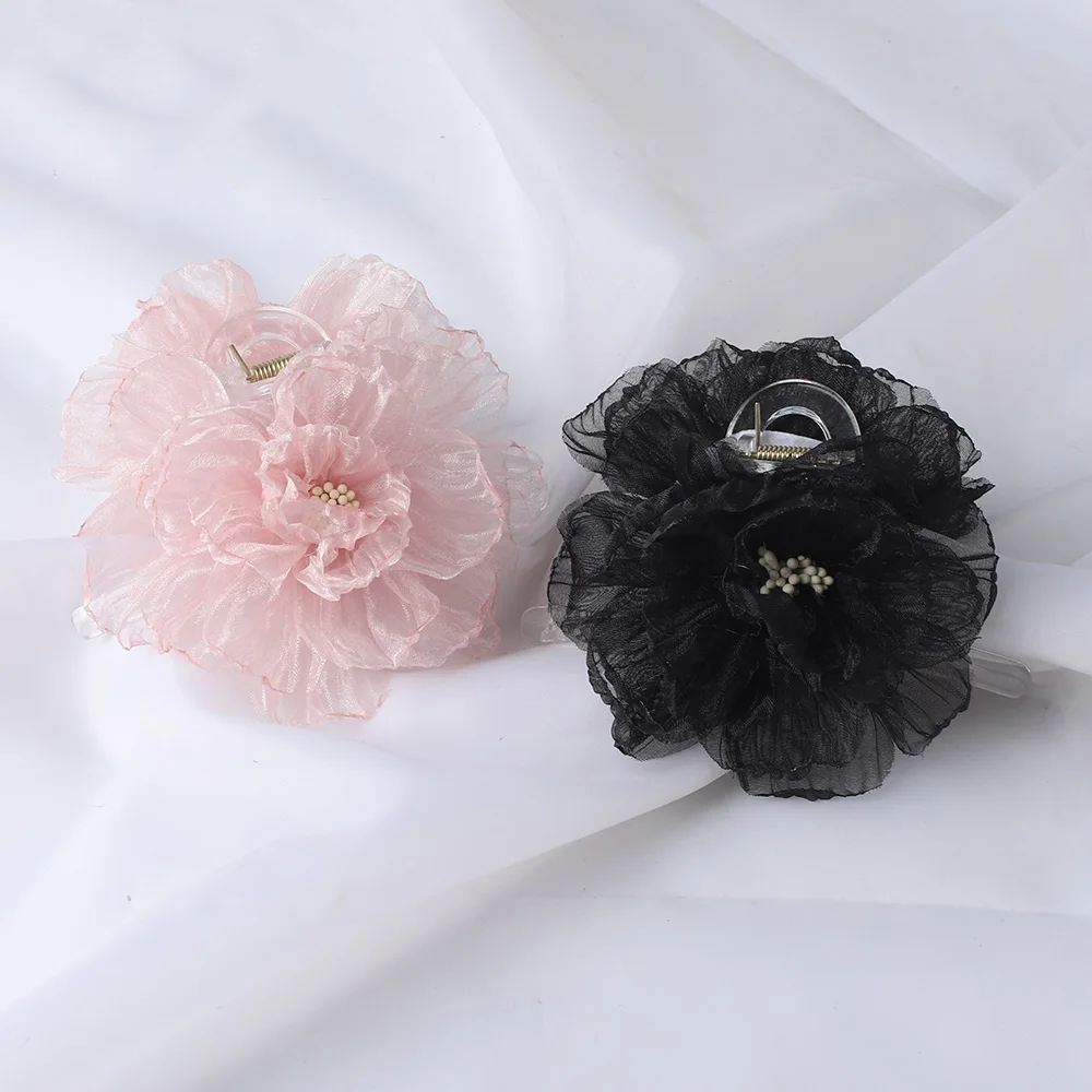 Organza Big Flower Hair Claw Clips Crab Barrettes Women Girls Transparent Ponytail Holder Hair Clamps Hair Accessories Fashion