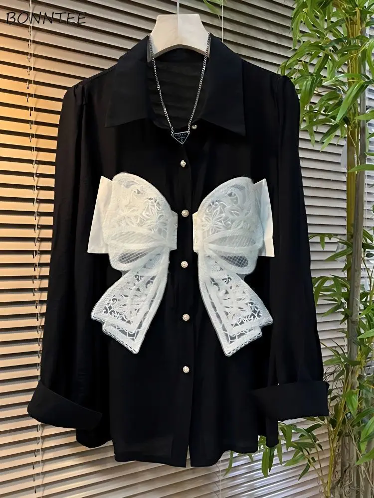 Black Shirts Women Lace Bow Decoration Vintage Loose Long Sleeve Spring Sweet Gothic Tops Streetwear Women Clothing Stylish Chic