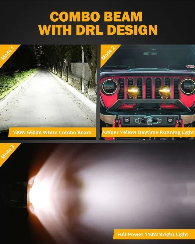 4 Inch LED Work Light with DT Plug 110W 11000LM Driving Lamp Pod Light Amber DRL White Spotlights For Offroad Truck SUV