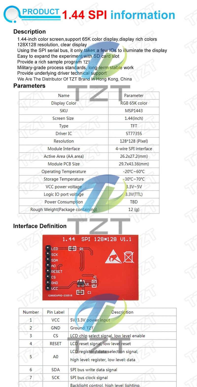 TZT 1/3PCS 5V 3.3V 1,44 Zoll TFT LCD-Displaymodul 128*128 Farbbildschirm SPI-kompatibel für Arduino Mega2560 STM32 SCM 51 – Detail 1