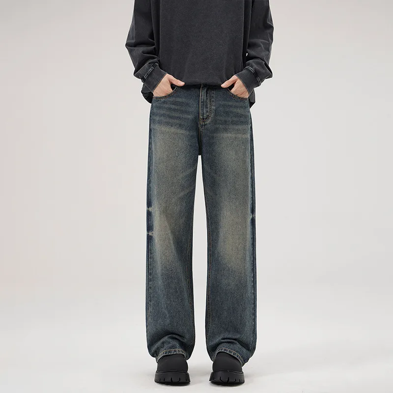 KIDWHXR Man Straight-leg Pant Fashion Gradient Color Male Trousers Retro Mid Waist Washed Loose Versatile Men Denim Pant