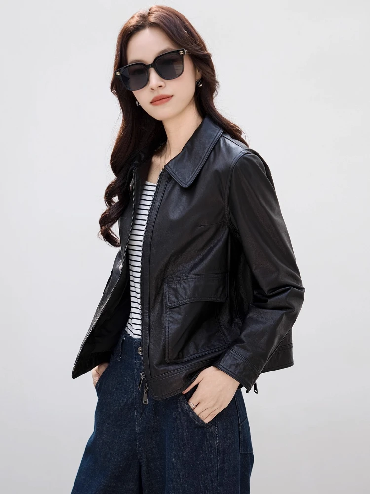 Slim Short Genuine Leather Motorcycle Jackets for Women Spring Autumn 2025 New High-end Simple Black Real Cow Leather Coat