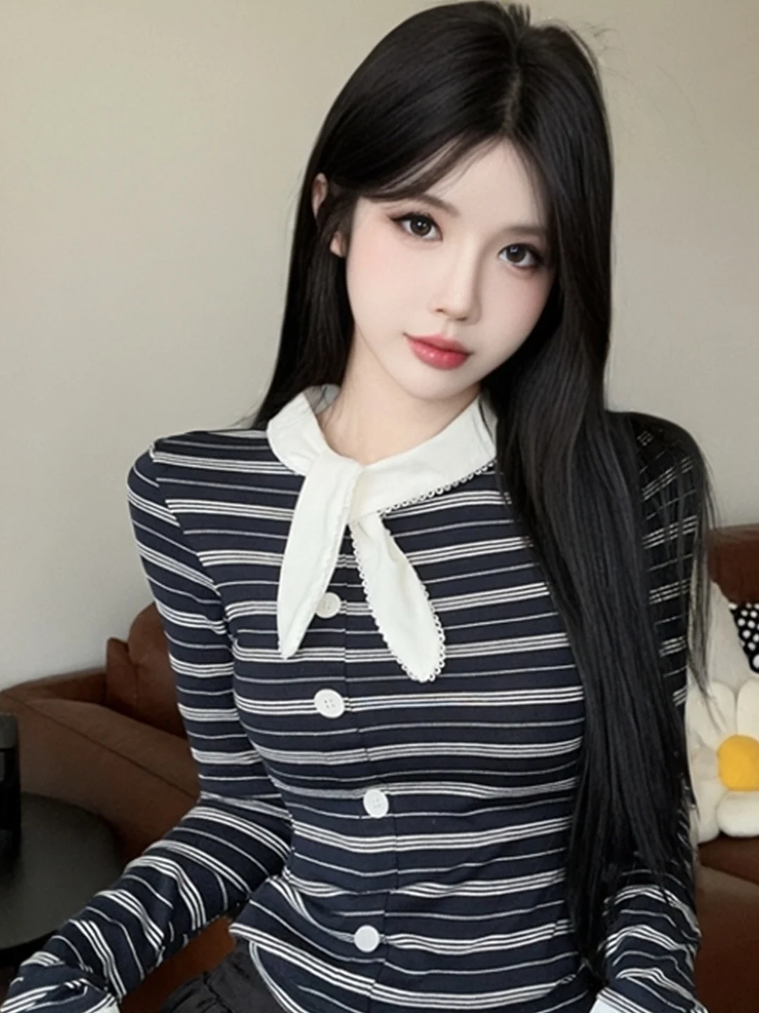 

Fashionable Striped Color Block Long Sleeve round Neck Base Shirt Korean Style Slim Fit Knitted Inner Wear Top for Women
