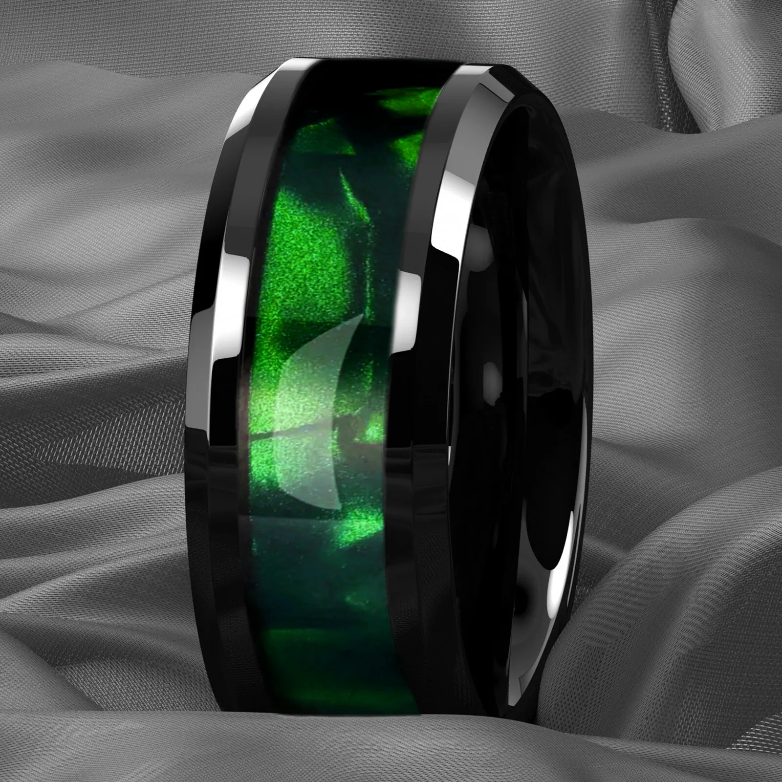 Fashion 8mm Black Stainless Steel Rings for Men Women, High Polished Green Abalone Shell Inlay Men Ring, Wedding Party Jewelry