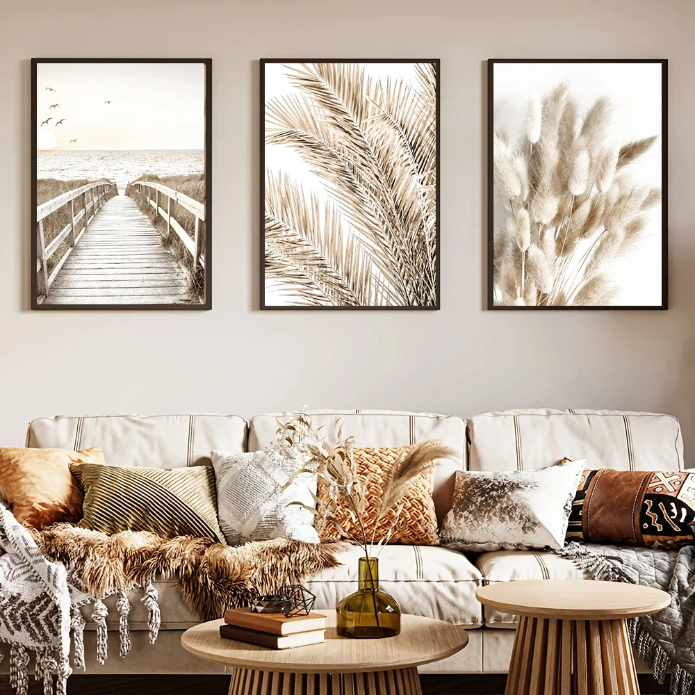 

Bohemia Beige Landscape Art Poster Sea Birds Bridge Canvas Painting Pampas Grass Palm Leaf Print Nordic Wall Pictures Home Decor