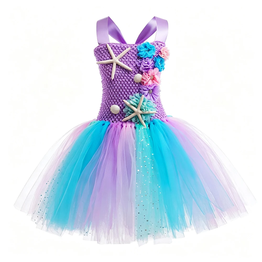 Meerjungfrauen-Kostüm Tutu-Kleid für Mädchen Ärmelloses Tüllkleid Prinzessinnenkrone Zauberstab Halskette Handschuhe für Mädchen Halloween Geburtstagsfeier – Detail 3