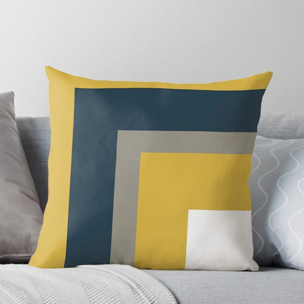 Half Frame Minimalist Geometric Pattern in Mustard Yellow, Navy Blue, Grey, and White Throw Pillow Custom Cushion Photo