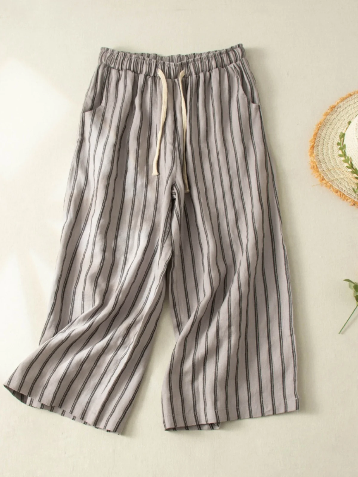 

Широкие брюки из хлопка и льна в полоску в стиле ретро, женские свободные драпированные брюки с высокой талией, повседневные тонкие льняные брюки с девятью точками