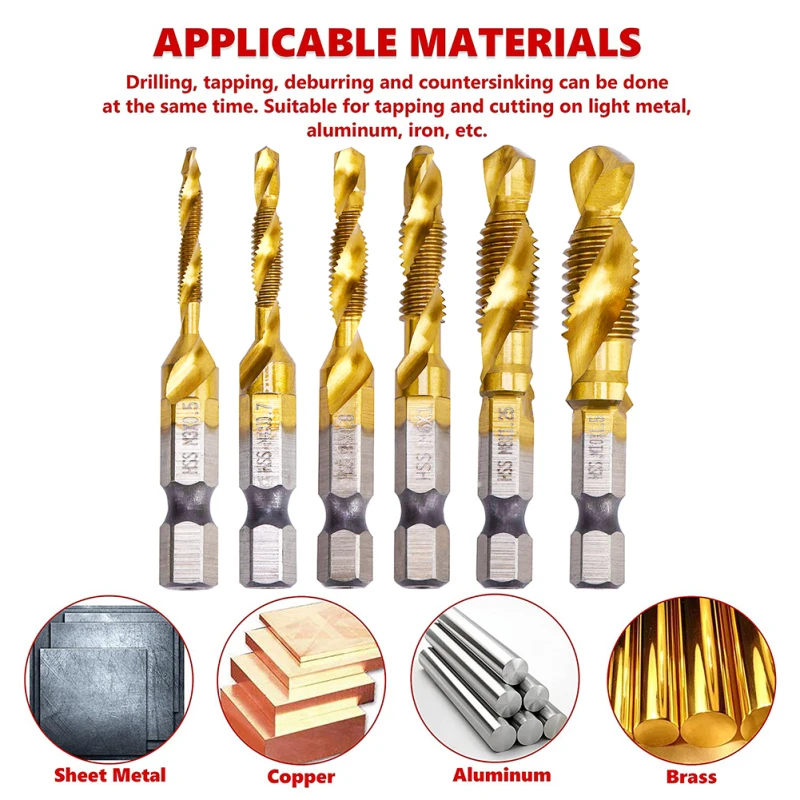 For Metal Wood Tap DrillMetric Thread Tap Drill Bits HSS High Speed Steel Drill Bits Set M3 M4 M5 M6 M8 M10 Hex Shank Screw Tap