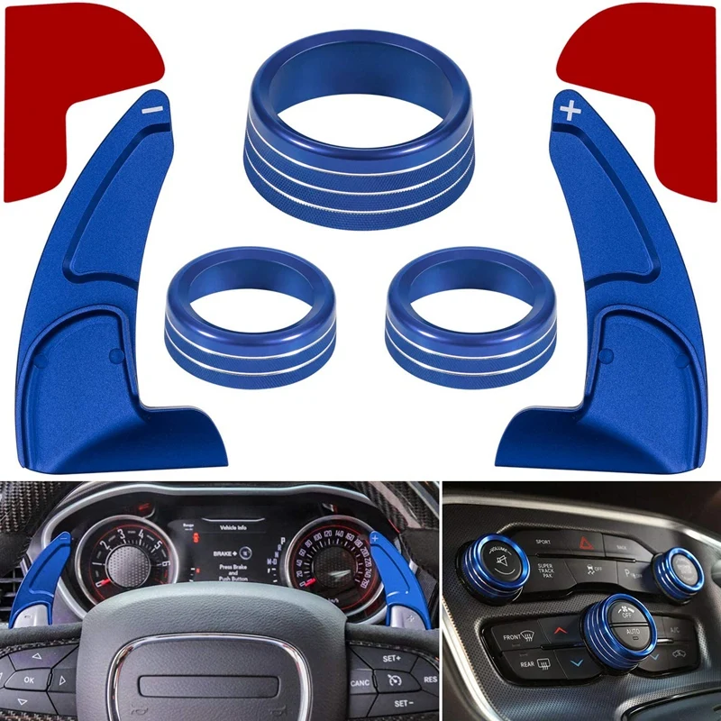 

5X Steering Wheel Shift Paddle & A/C Switch CD Button Knob Decal Trim Rings For Dodge Challenger Charger 2015-2021