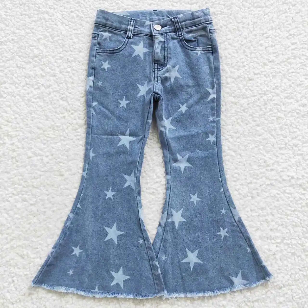 P0108 Baby Girls Clothes Summer Fashion Pants Blue Stars Demin Jeans Button Design Boutique