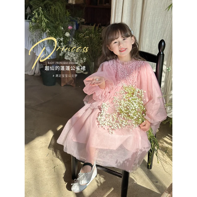 2024Girls' Long Sleeve Sequined Fairy Cake Tulle Tutu Dress