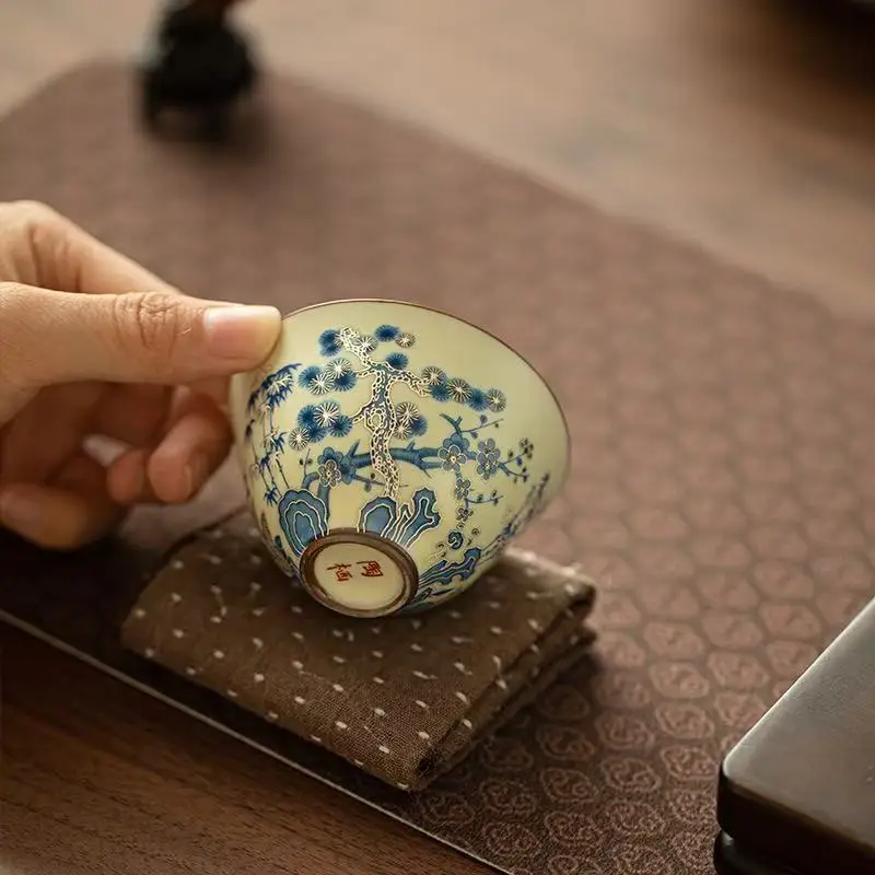 55ML Jingdezhen Qinghua Suihan Sanyou Teacup Ceramic Tea Set Master Cup Tea Tasting Cup Guest Cup Household Kung Fu Tea Set