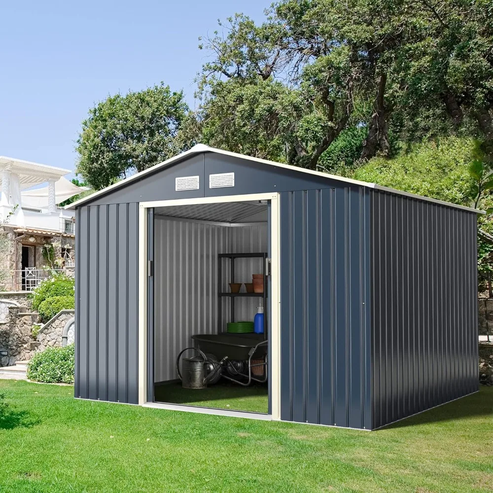 Outdoor Storage Shed, 9' X 8' Metal Garden Shed 4 Vents & Double Sliding Door, Utility Tool Shed Storage House Backyard, Patio