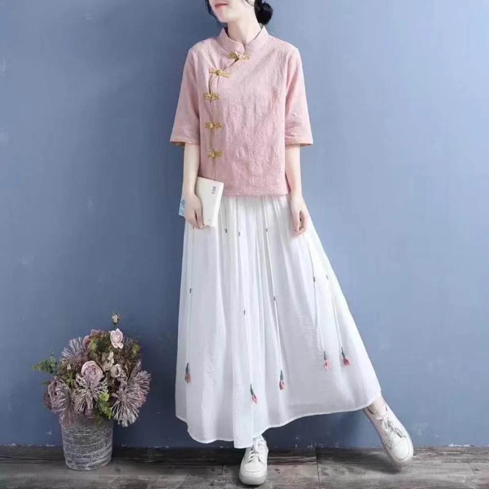 Cotton Linen Womens Traditional Chinese Top Summer Modern Plus Size Blouse and / Skirt Chinese Style Women Clothing