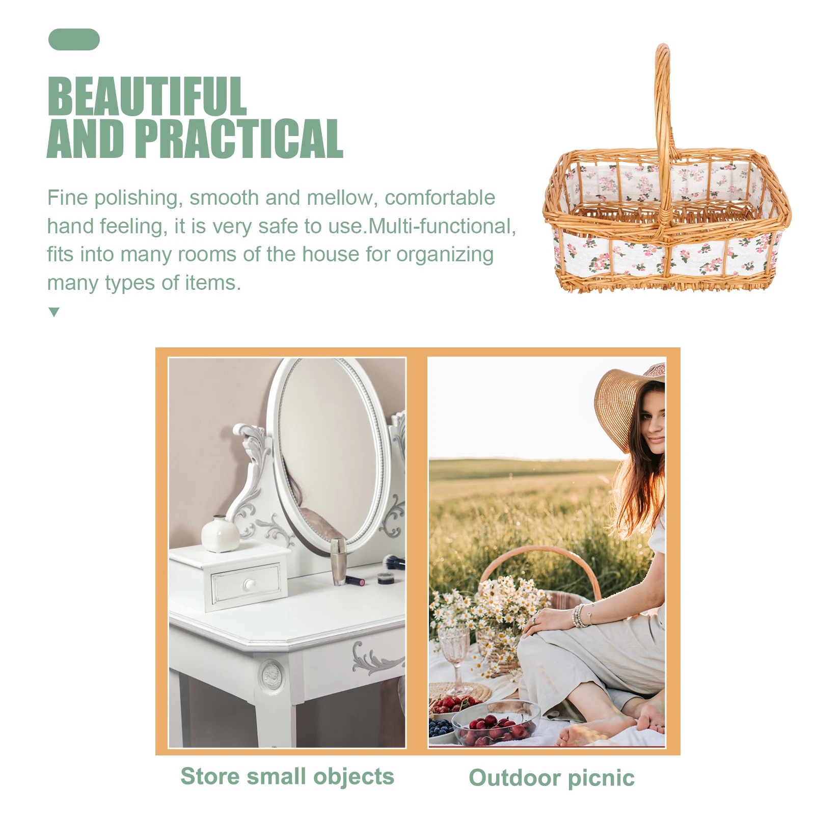 枝編み細工品の花のバスケットの装飾、手作りの実用的な収納、ハンドヘルド布ハンドル、空の装飾の子供の贈り物