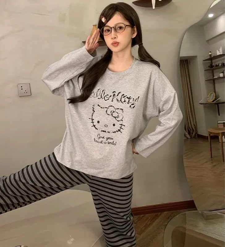

Женский осенний хлопковый пуловер Hello Kitty 2025 года, пижамный комплект, милые брюки с круглым вырезом и длинными рукавами, милая кавайная домашняя одежда для дома