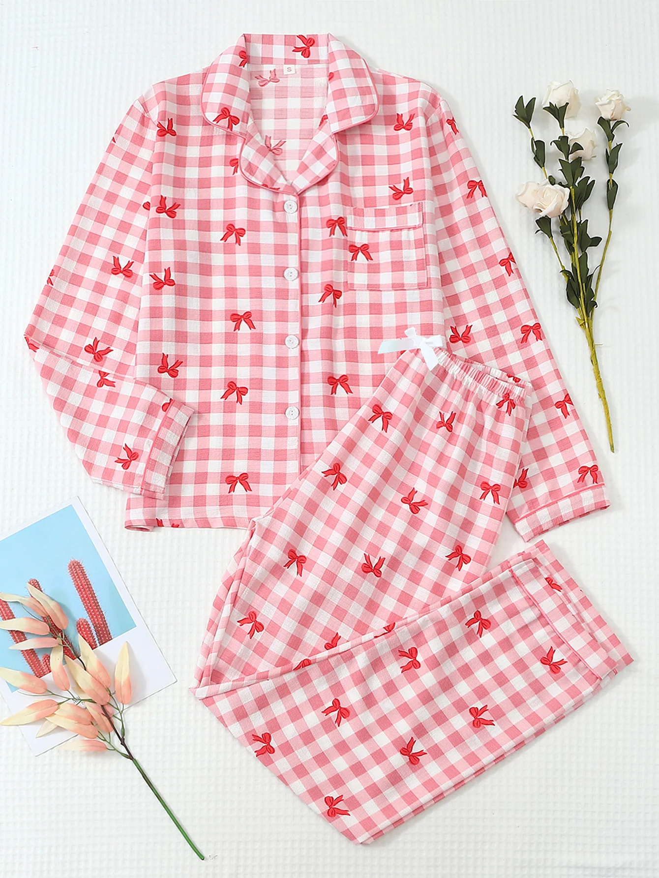 Two-Piece Comfortable Plaid Bowknot Print Button-Down Top and Bowknot Long Pants Women's Pajama Loungewear Set Suitable for Home Use