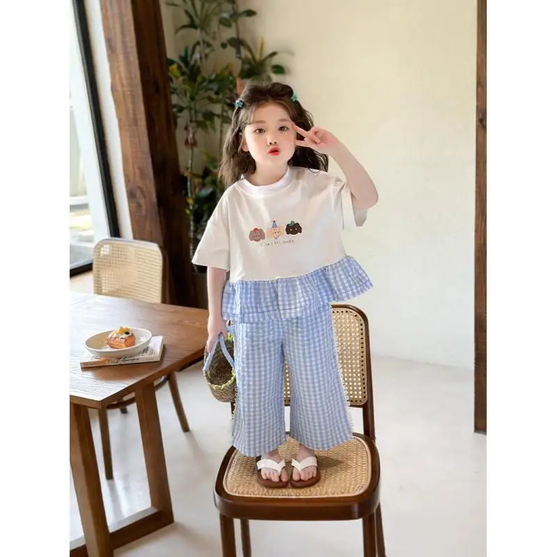 Girls' Set, Fashionable Baby Girl, Summer Fashion, Children's Shoulder Strap, Plaid Two-Piece Vest Set